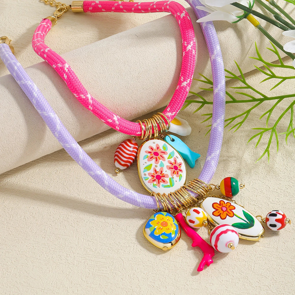 ZAA 2 Pack Of Cord Necklaces With Charms Candy Color Rope Chain Ceramics Flower Jewelry Cute And Fun Summer Holiday Wearing Gift