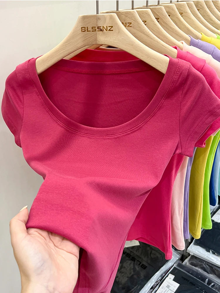 2026 Sexy Square Collar Slim T Shirt Women Cotton Elastic Basic Solid Female Casual Tops Short Sleeve Thin T-shirts See Through