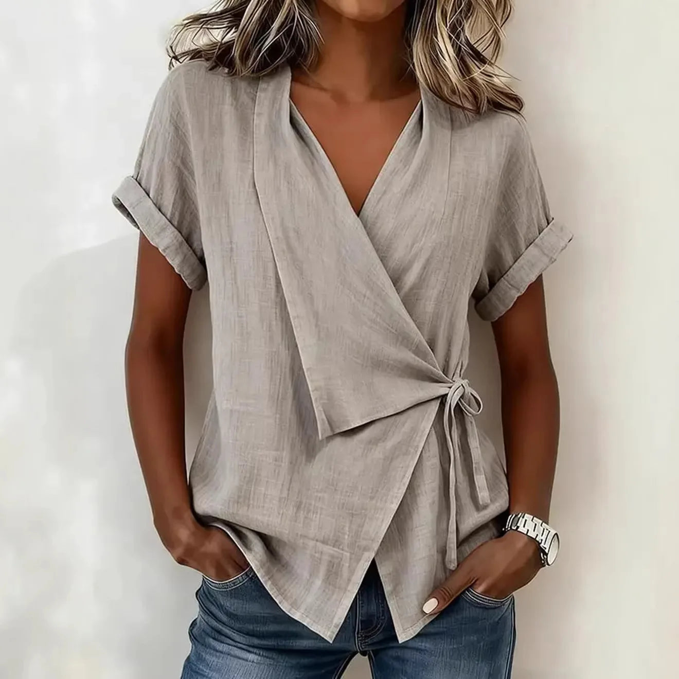 2026 Spring and Summer Cross-border European and American New Style Casual Solid Color Stand-up Collar Tie-up Asymmetrical Loose