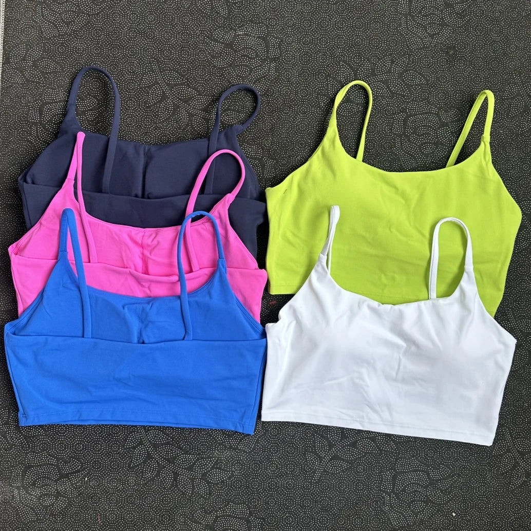 Solid Color Tight Fitness Women Sport Bra Spaghetti Strap Gym Yoga Bra Athletic Underwear Soft Top Workout Train With Chest Pad