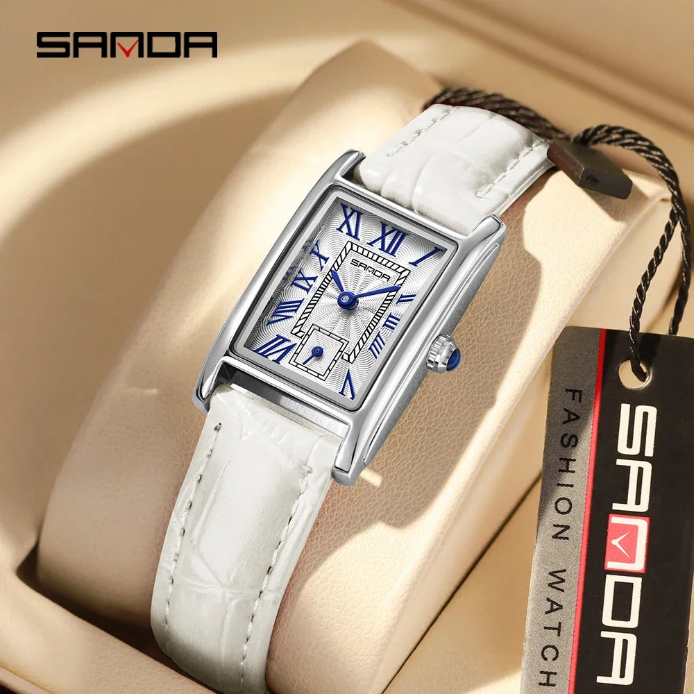Sanda 1116 Women's Quartz Watch Red White Fashion Elegant Rectangle Waterproof Pointer Leather Business Ladies Wristwatches