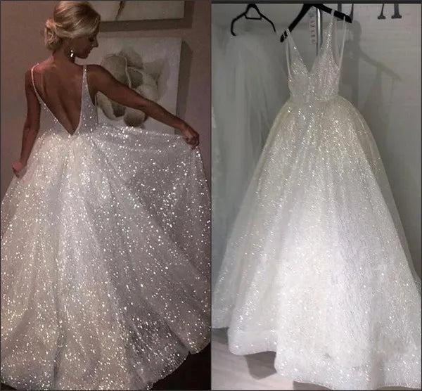 Glitter Women's Wedding Dress V Neck Wedding Dresses Bridal Gown Customized Simple Wedding Dress Bridal Beach Wedding Gown