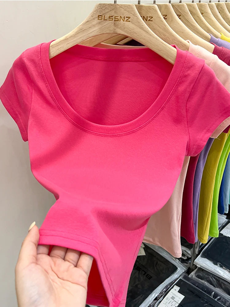 2026 Sexy Square Collar Slim T Shirt Women Cotton Elastic Basic Solid Female Casual Tops Short Sleeve Thin T-shirts See Through