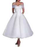 A Line Off Shoulder Wedding GownTulle Midi A Line Women's Shoulder Tea Lenght  Bridal Dress Simple Wedding Dress Party Dresses