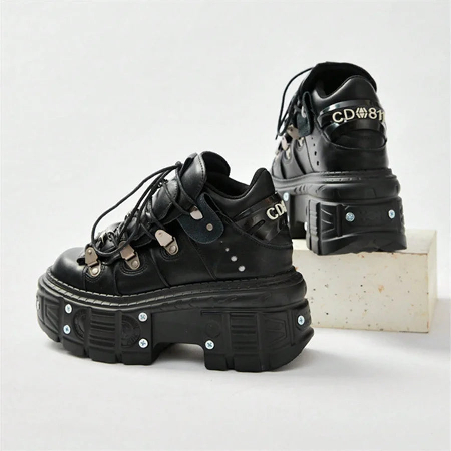 Punk Style Women Black Shoes Rock Metal Decor Lace-up Heel Height Platform Shoes Gothic Man Sneakers Women Ankle Boots 2025 New
