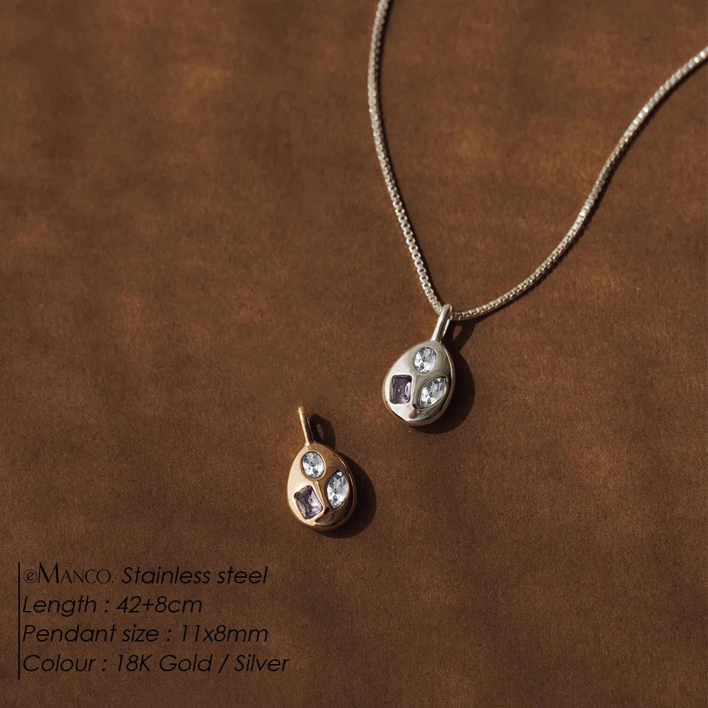 EManco Stainless Steel Teardrop Pendant Necklace with Mixed Purple and Clear Cubic Zirconia Minimalist Style for Daily Commute