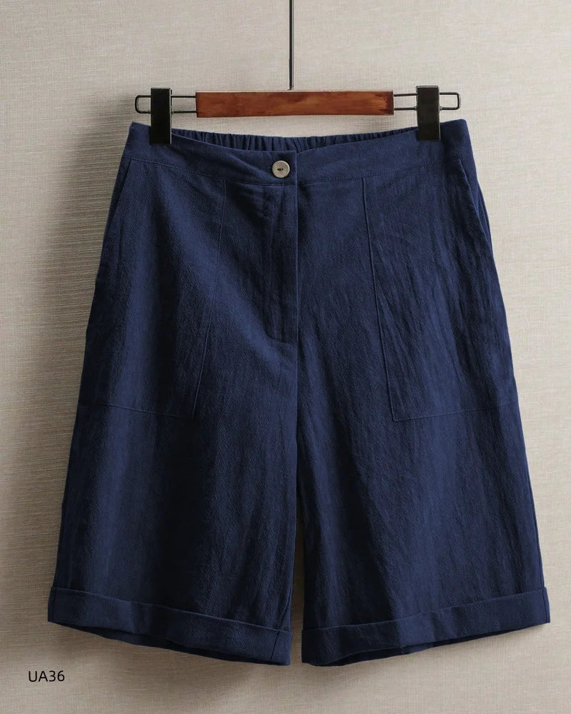 2026 summer new cotton and linen five-piece pants women's high-waisted elastic waist button shorts loose casual shorts
