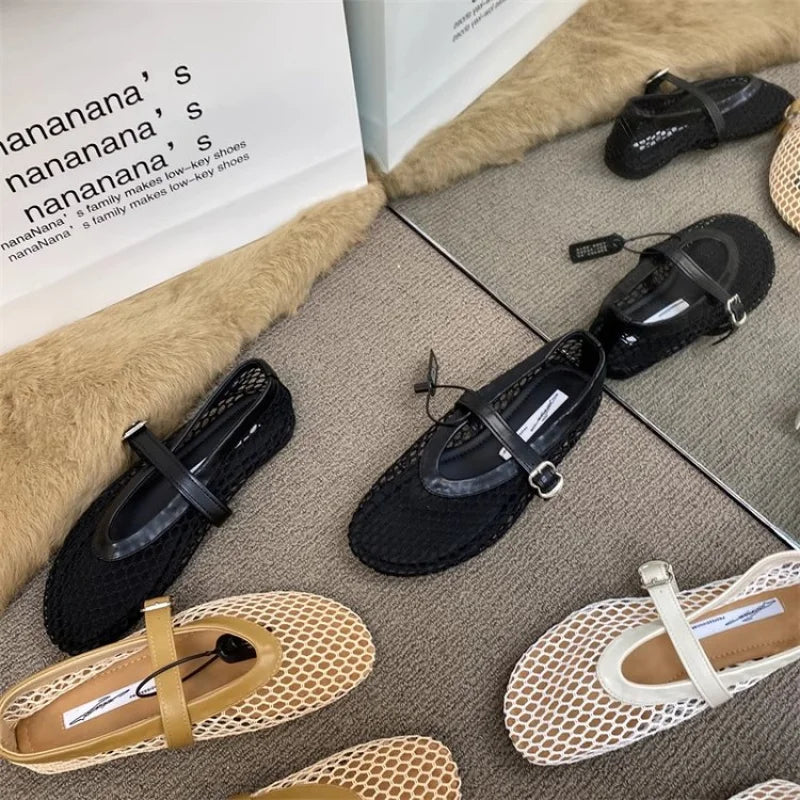 2025 New Hollow Mesh Women's Flat Ballet Shoes - Casual Fashion Versatile Breathable Fishnet Sandals
