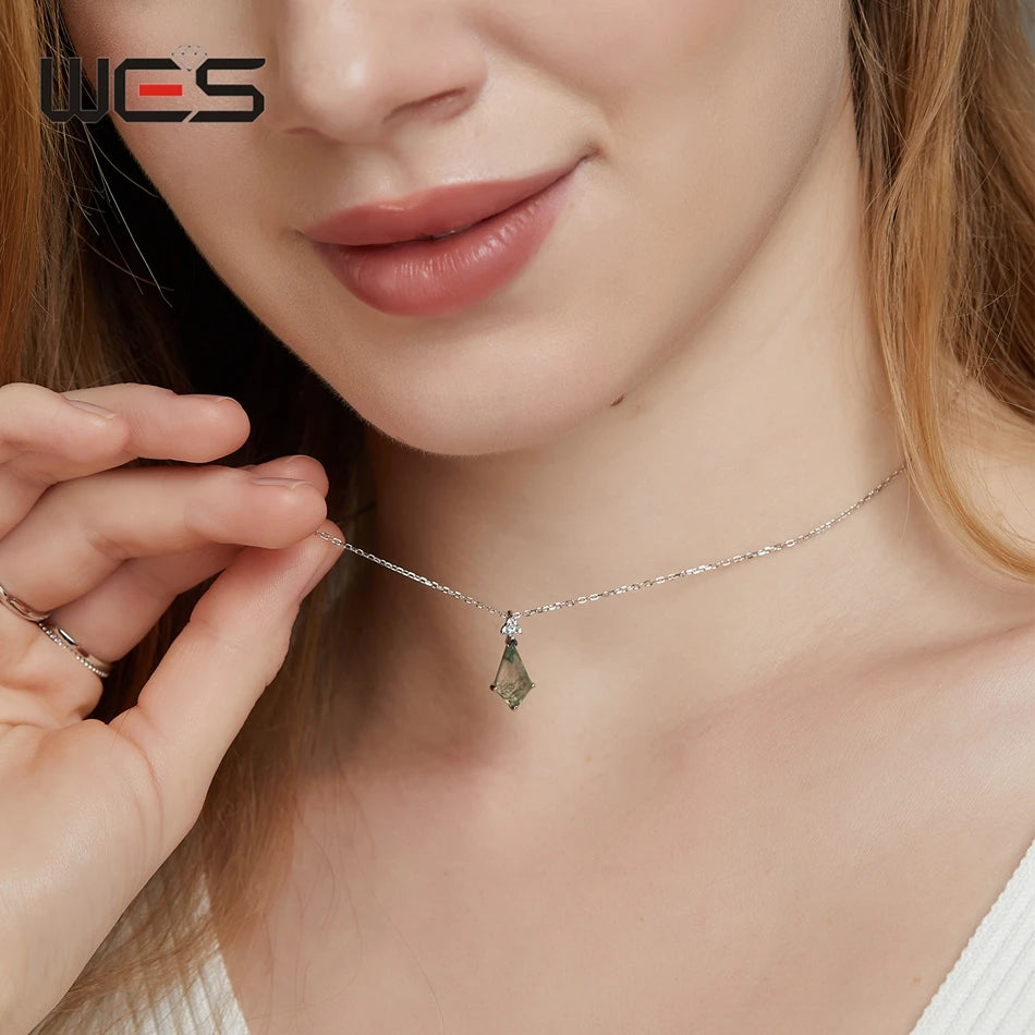 WES 925 Sterling Silver Natural Moss Agate Pendant Necklace For Women Boho Vintage Fine Jewelry Engagement Birthday Party Gift