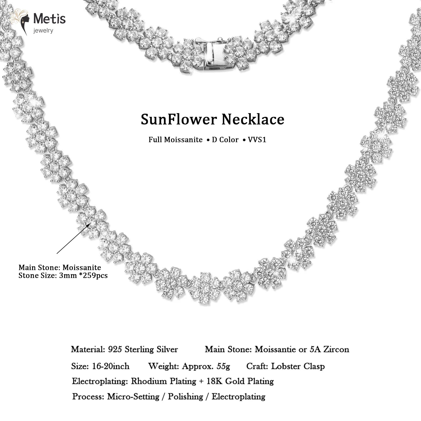 Luxury Wedding 3mm Flower Full Moissanite Pendant Necklace For Women 925 Sterling Silver New Diamond Chain Fine Jewelry Gifts
