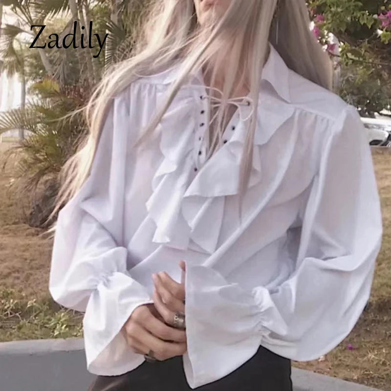 2026 Women's Victorian Gothic Blouse Ruffled Lace Up Shirt Long Sleeve Vintage Renaissance Style Top Cosplay Costume Party Wear