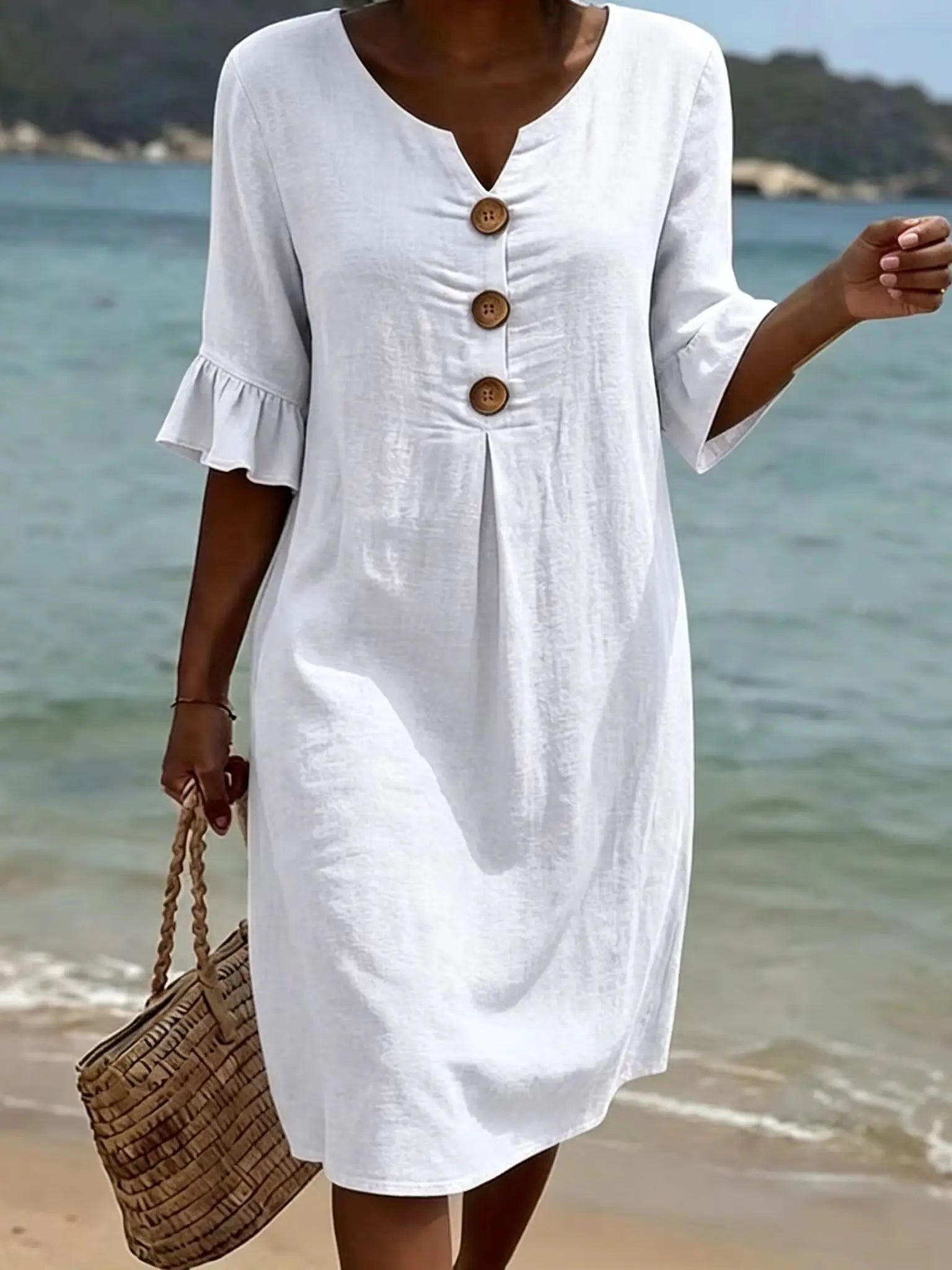 2026 Amazon European and American Cross-Border Spring and Summer New Cotton and Linen V-Neck Dress with Large Buttons and Ruffle