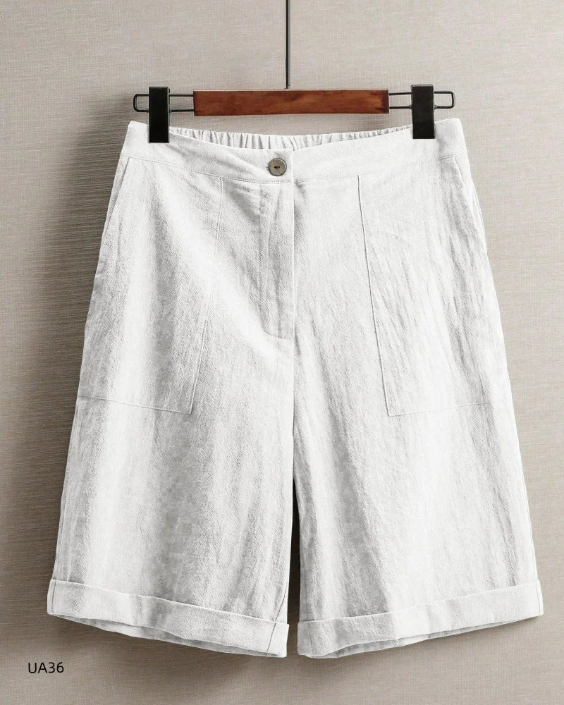 2026 summer new cotton and linen five-piece pants women's high-waisted elastic waist button shorts loose casual shorts