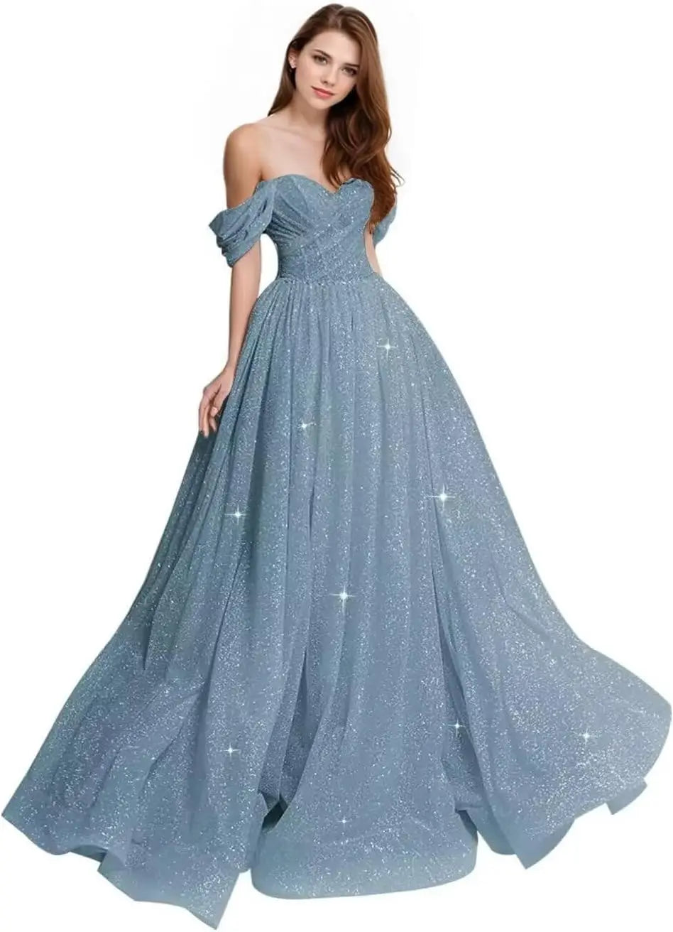 Luxury Dress Sparkly Tulle Prom Dress 2026 Off The Shoulder Formal Dresses for Women Glitter A Line Long Ball Gown Party Dress