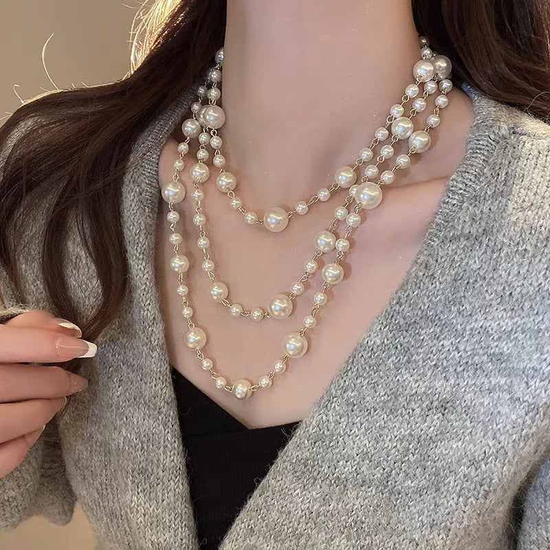 SKEDS Women  Elegant Classic Long Pearl Necklace Chains Vintage Lady Wedding Party Exquisite Multi-Layers Necklaces Jewelry