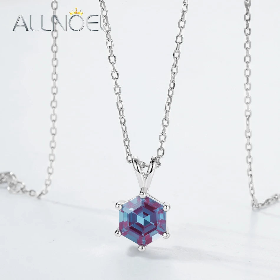 ALLNOEL Hexagon 2CT Lab Created Alexandrite 7*7mm 925 Silver Pendant Necklace For Woman Color Changing June Birthstone Wholesale