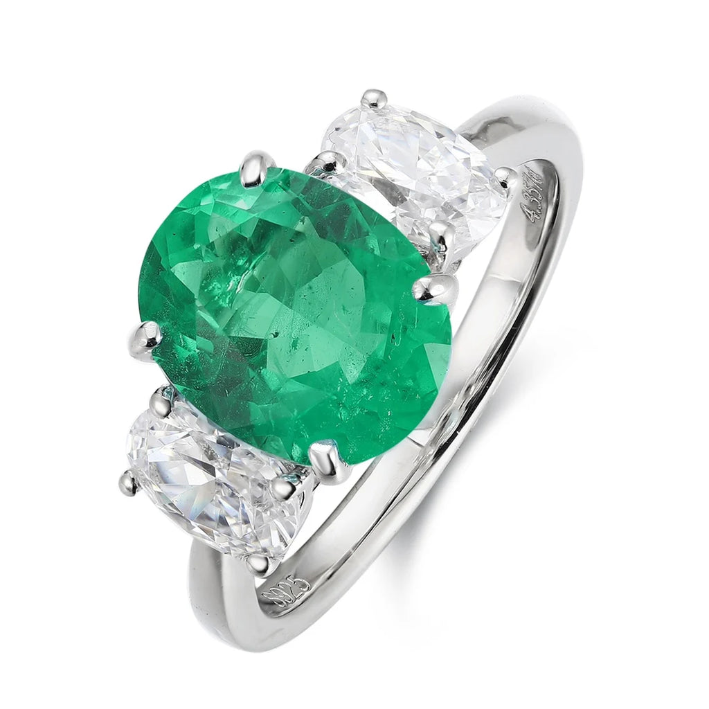 Vintage 3 Stone Ring Lab Grown Emerald Engagement Ring Rhodium Plated 925 Silver for Women Gift Party Wedding Personalized Rings