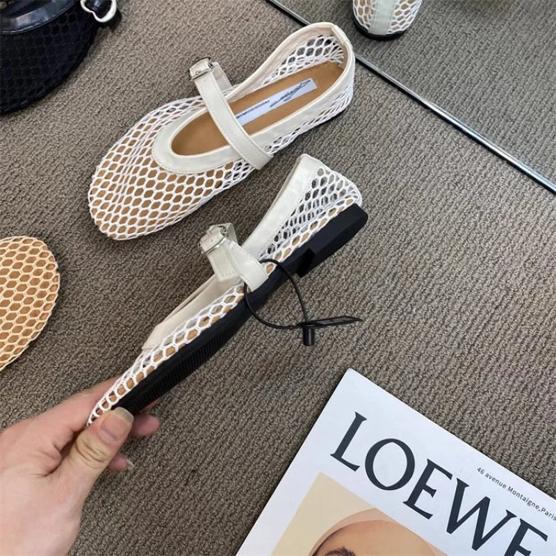2025 New Hollow Mesh Women's Flat Ballet Shoes - Casual Fashion Versatile Breathable Fishnet Sandals