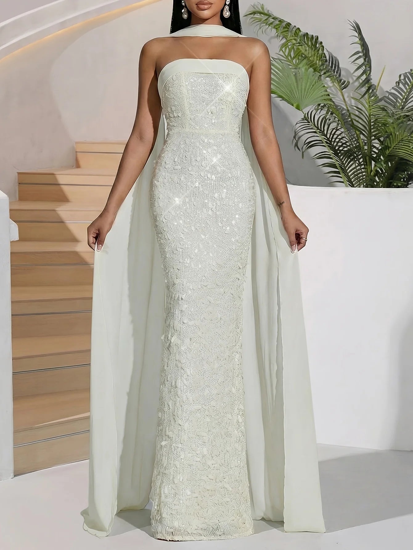 Women's  Dress Up Strapless Sequin Mermaid Maxi Dress with Cape Formal Party Evening Gown