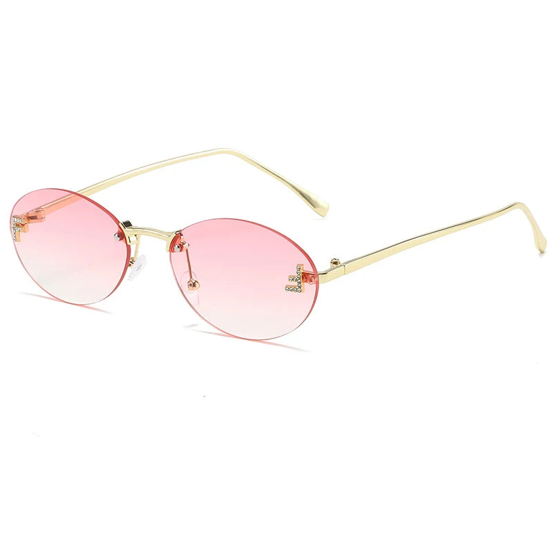 2026 Diamond Letter "F" Rimless Sunglasses Women Luxury Brand Metal Frame Black Small Oval Sun Glasses Unsiex Elegant Shades