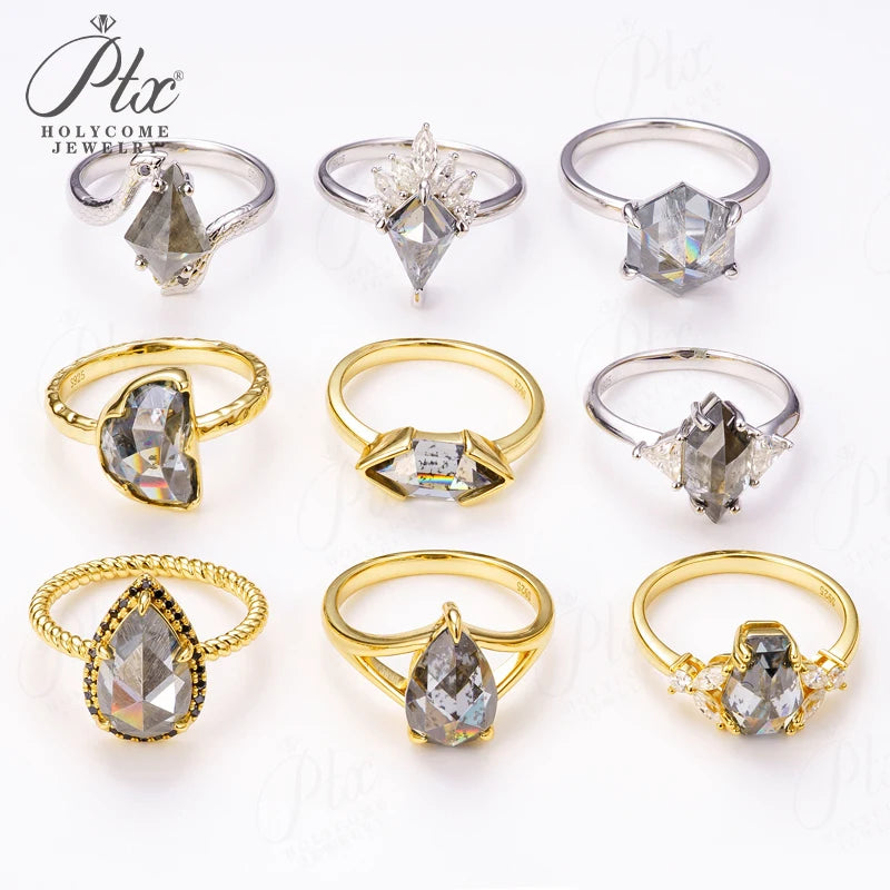 Customize Ring Salt and Pepper Moissanite Diamond Kite Pear Coffin Hexagon Half Moon Cut 925 Silver Wedding Vintage Jewelry