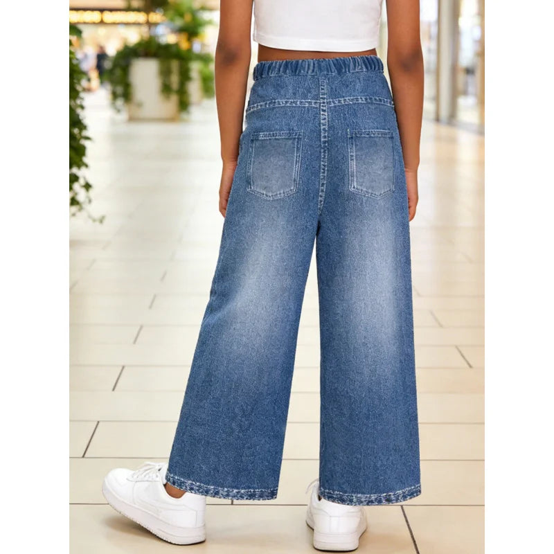 2026Children's Butterfly Embroidered Dark Blue Imitation Denim Straight Pants