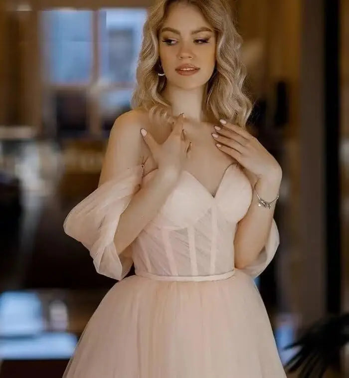 A Line Tulle Cocktail Party Prom Dresses for Women Off The Shoulder Tea Length Puffy Formal Evening Gowns Wedding Ball Gowns