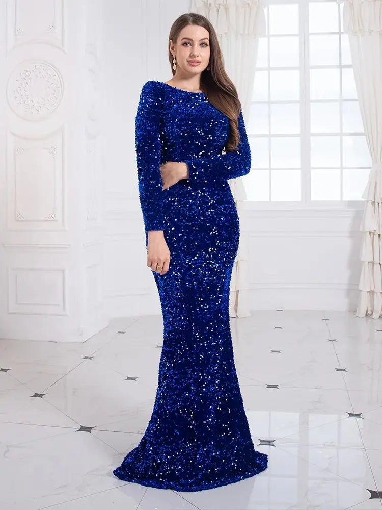 Romagic Women Royal Blue Formal Evening Party Dress Elegant Long Sleeve Stretch Velvet Sequin Mermaid Wedding Gown Dresses 2025