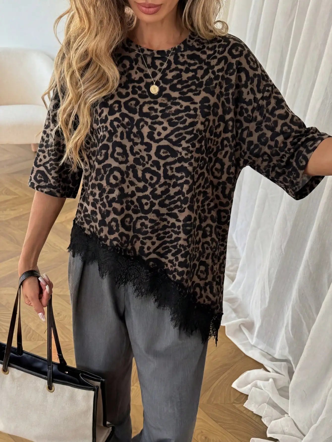 2026 Summer New Arrival Women's Oversized Ruffle Print Leopard Print Padded Lacing Loose Fit T-Shirt