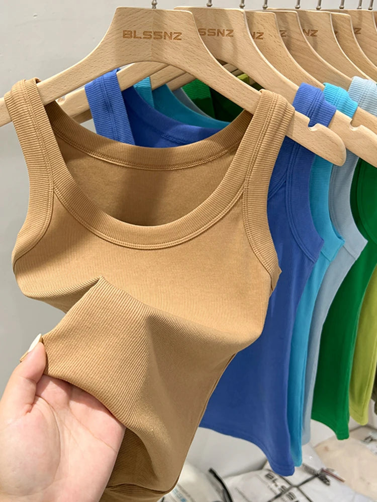 AOSSVIAO Women Solid Round Neck Ribbed Tank Top Camisole Women 2026 Summer Basic Elastic Tank Top O Neck Solid Tank Top