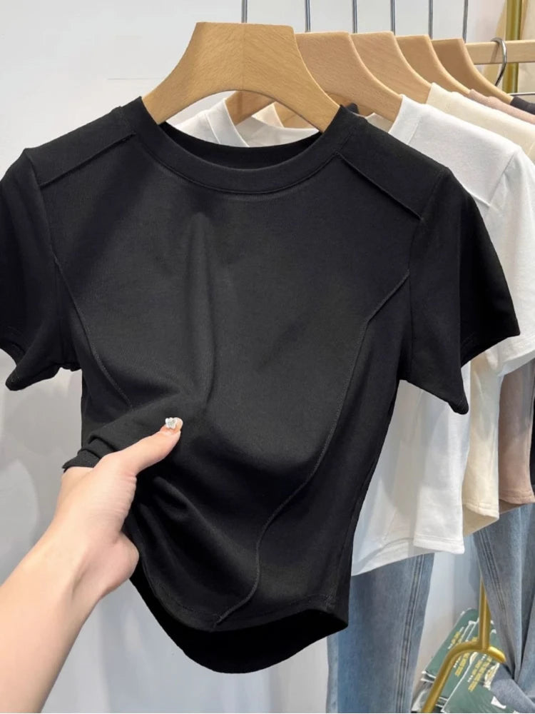 2026 Summer White T-shirt Cotton Female Short-sleeved Student Versatile Slim T-shirt Harajuku Crop Top Trend