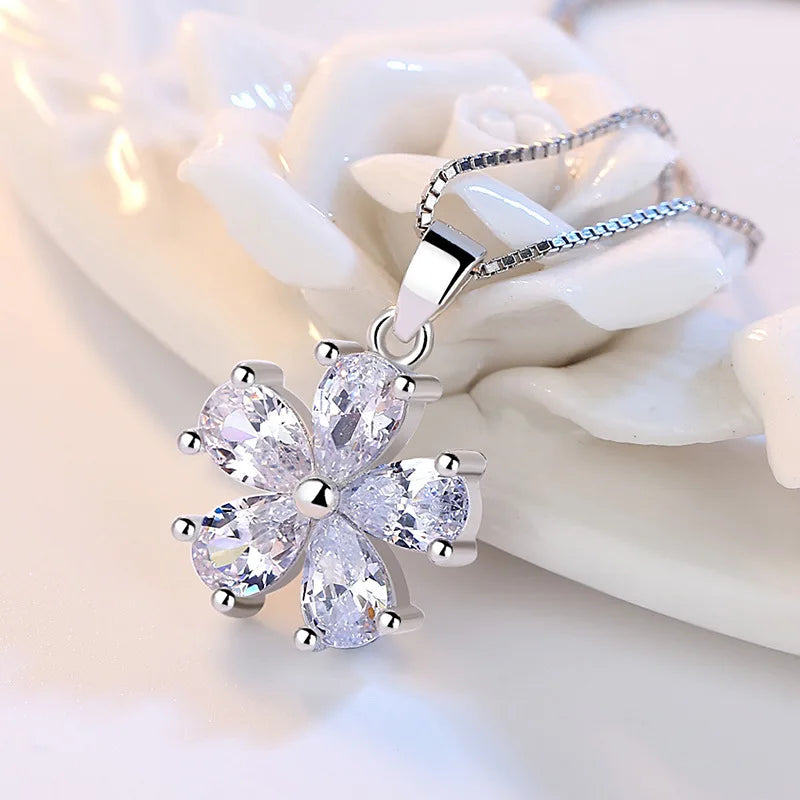 925 Sterling Silver Flower Pendant Necklace for Women Sparkling Clear Cubic Zirconia Cherry Blossom Necklace Jewelry Gift