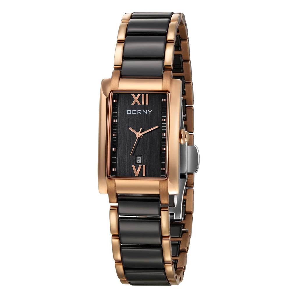 BERNY Women Watch Classic Rectangle Ceramics Calendar Luxury Ladies Quartz Watches Elegant Casual Waterproof Women's Wristwatch