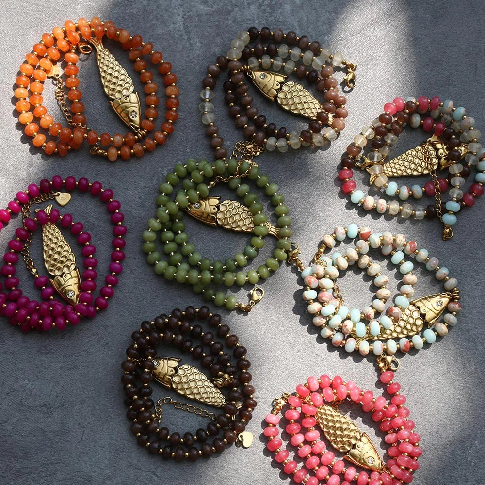2026 Bohemian Style Spring/Summer Colorful Natural Stone Necklace with Stainless Steel Fish Pendant, Multiple Colors Available