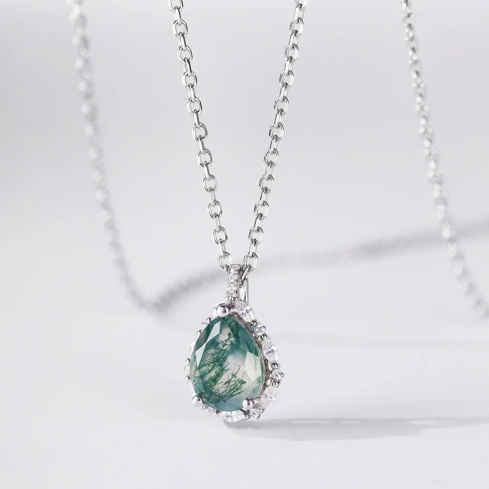 WES 925 Sterling Silver Natural Moss Agate Pendant Necklace For Women Boho Vintage Fine Jewelry Engagement Birthday Party Gift