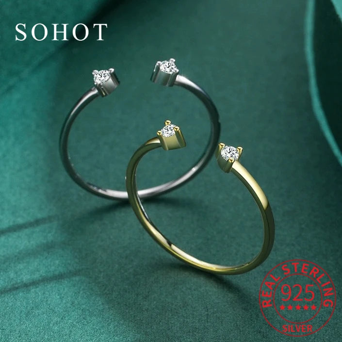 Real 925 Sterling Silver Minimalist Zircon Geometric Opening Rings for Women Trendy Fine Jewelry Adjustable Accessories