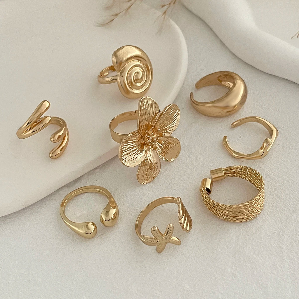 Ingemark 8Pcs/Set Vintage Metal Petal Flower Water Drop Open Rings for Women Trend 2025 Goth Geometric Ring Daily Jewelry Gift