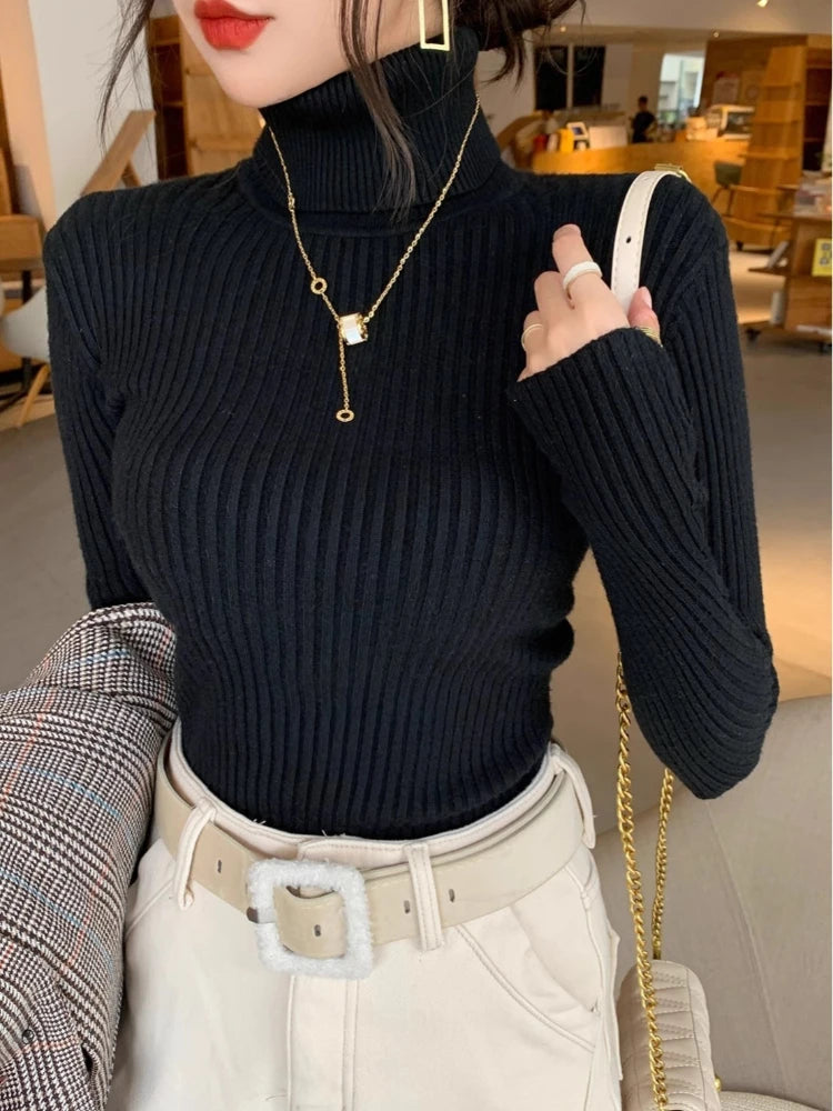 2026 Casual Slim Knitted Pullover Autumn Winter Thick Turtleneck Sweater Base Sweater Korean Style Simple Base Layer Warm Tops