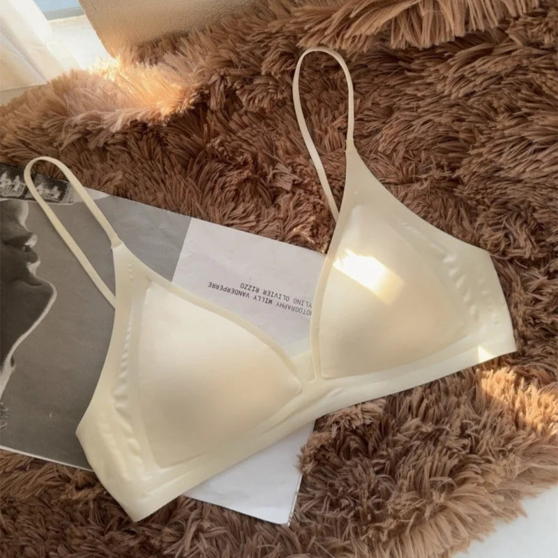 French Glossy Satin Seamless Underwear, Women's Deep V-neck, Thin Shoulder Strap, Thin Bra for Summer