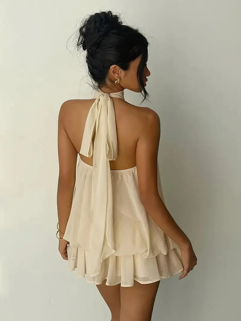 Women's Halter Neck Dress Sweet Backless Tie-Front Chiffon Sheer Mini Skirt Fashion Sexy Y2K Vintage Cute Party Birthday Dress