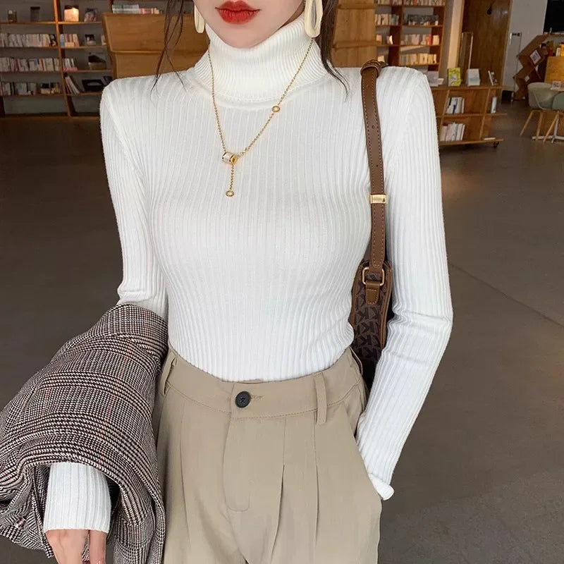 2026 Casual Slim Knitted Pullover Autumn Winter Thick Turtleneck Sweater Base Sweater Korean Style Simple Base Layer Warm Tops