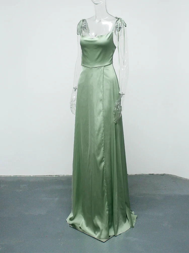 Romagic Sexy Mint Backless LaceUp Bridesmaid Dress Evening Gown Green Satin Slip Slit Leg Square Neck Wedding Party Long Dresses