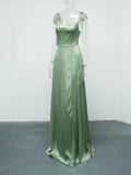 Romagic Sexy Mint Backless LaceUp Bridesmaid Dress Evening Gown Green Satin Slip Slit Leg Square Neck Wedding Party Long Dresses