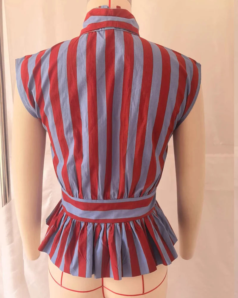 Women's Shirt 2026 New Spring Summer Bowknot Sleeveless Striped Shirt for Women Casual Chic Personality Female Shirt