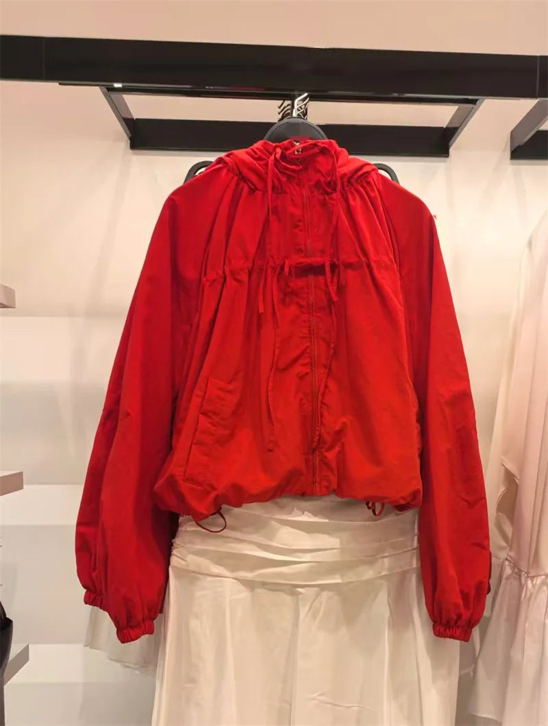 Women's Jacket 2026 Spring New Red Long-Sleeve Drawstring Decorative Festive Hoodie Zipper Cardigan Casual Fashion Versatile