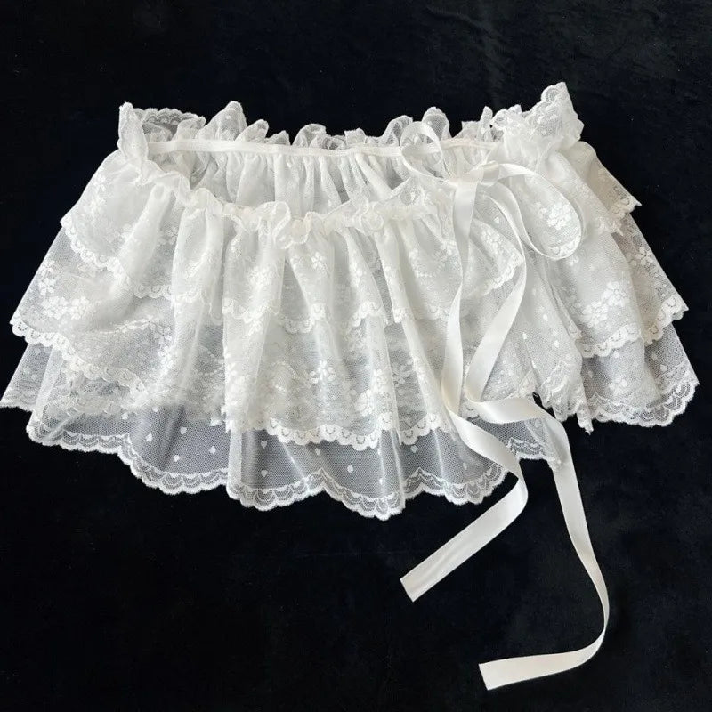 2026 Korean Ins Unique Lace Layered Gauze Skirts Lace Trim A-Line Short Cloth Mini Waist Skirts Harajuku Girl's White Skirts Y2K