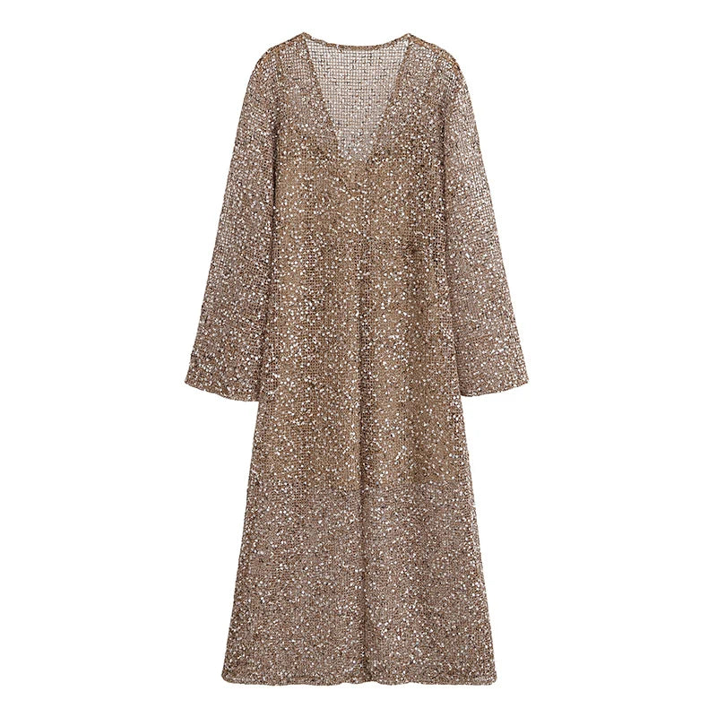 Sexy Sequined Long Pleated Dress Women Deep V-neck Full Sleeve See Through Dresses 2026 Summer Lady Party Evening Dresses ﻿