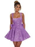 Women Elegant Square Neck Sequin Homecoming Dresses 2026 Short Spaghetti Strap Sparkly Cocktail Party Dresses with Bow Ball Gown