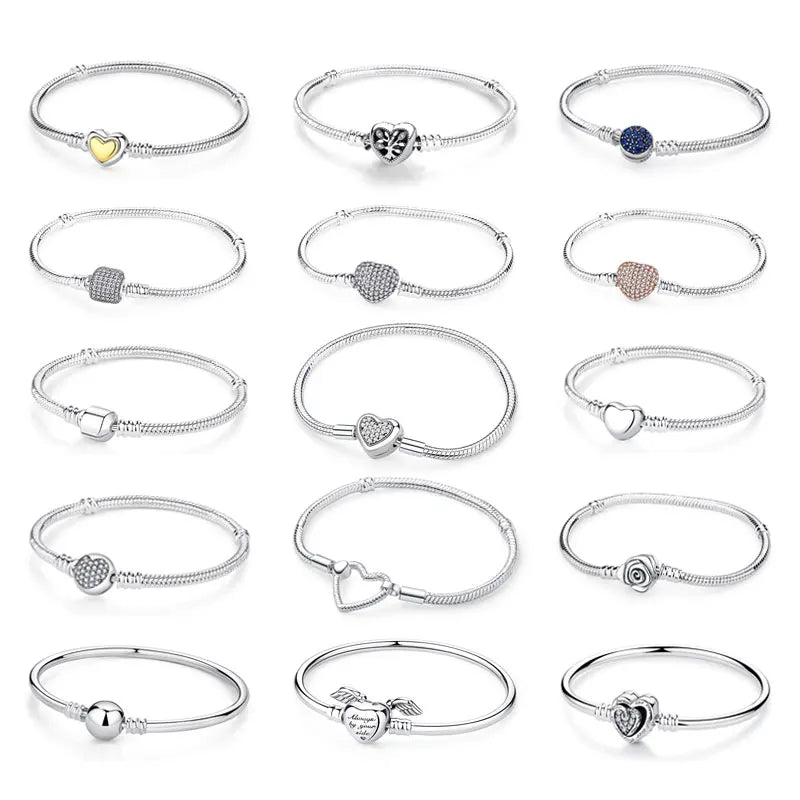 Original 925 Sterling Silver Bracelets Bangles Love Heart Clip Charms Beads Snake Chains For Women Rose Gold DIY Luxury Jewelry
