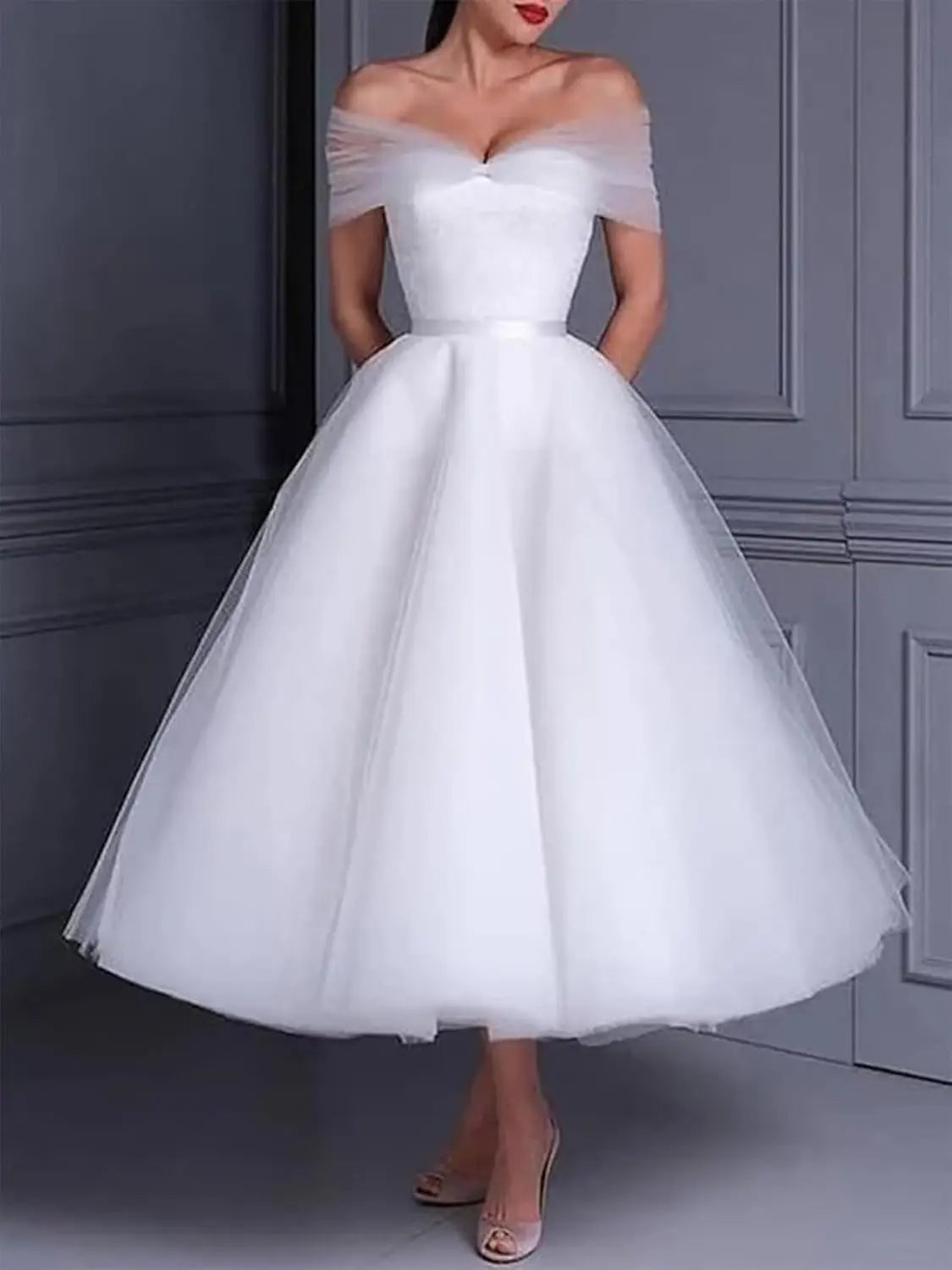 A Line Off Shoulder Wedding GownTulle Midi A Line Women's Shoulder Tea Lenght  Bridal Dress Simple Wedding Dress Party Dresses
